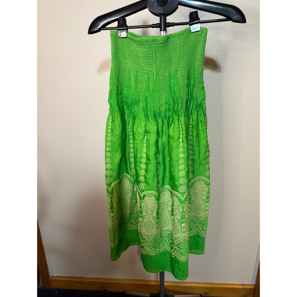 Lapis Lime Green Smocked Strapless Midi Dress Skirt Boho Paisley Print One Size